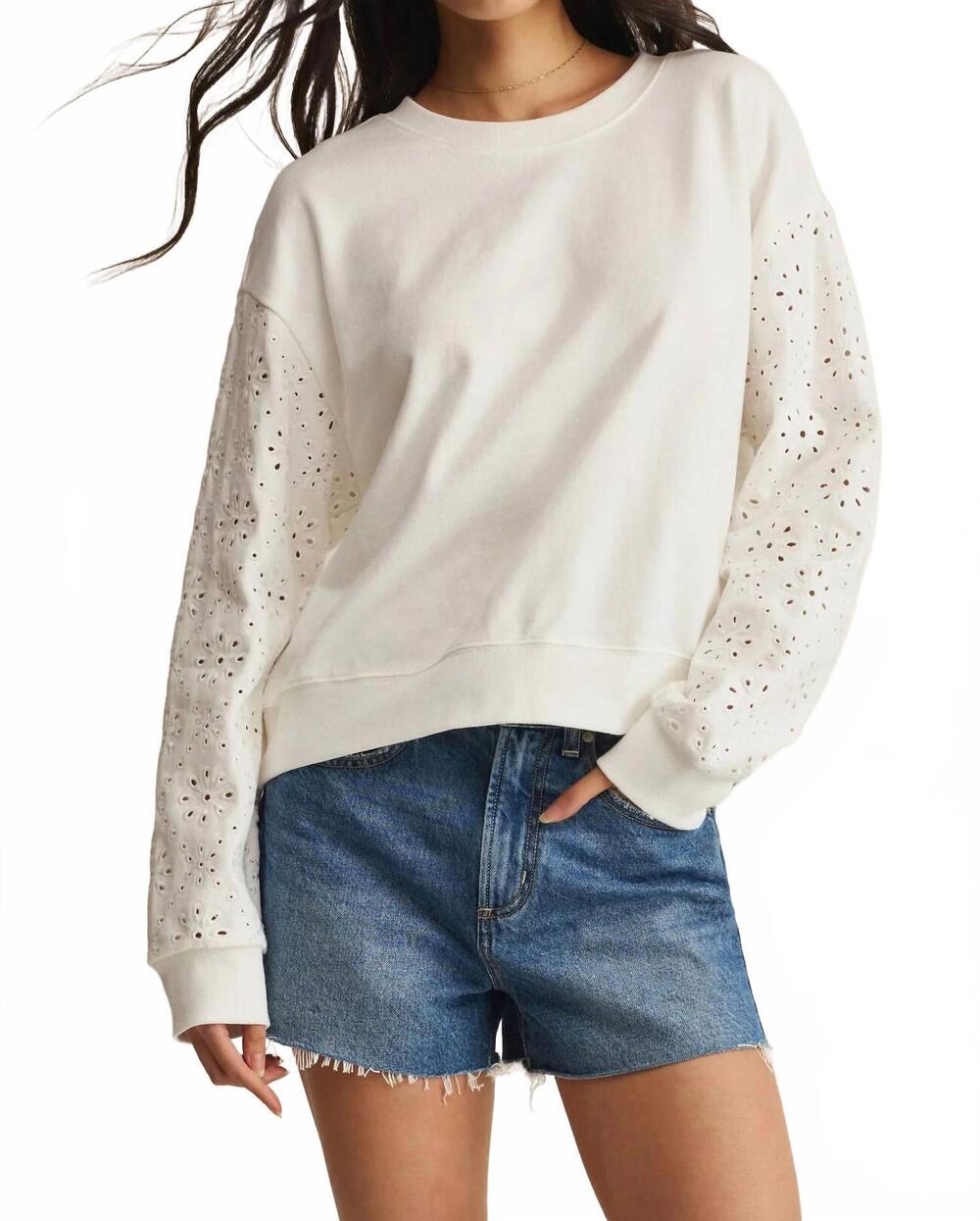 NEW Z SUPPLY mosaic knit eyelet sleeve sweatshirt in white